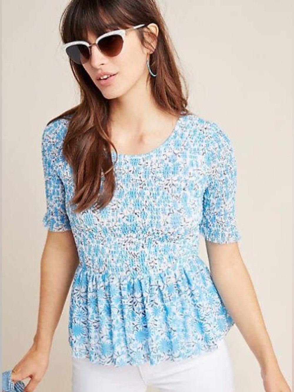 Anthropologie Maeve Ashton Light Blue Floral Smocked Peplum Top